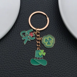 Green St. Patrick's Day clover and Luck hat keychain with rose gold metal chain