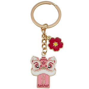 Pink Chinese dancing lion keychain with gold ring and red flower pendant decoration