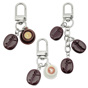 Creative resin coffee bean and latte art cup keychain with polished silver metal hook