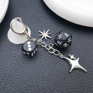 Punk style black dice keychain with star pendants on silver chain for bag decor