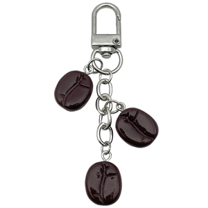 Realistic resin coffee bean keychain with three dark beans and silver lobster clasp