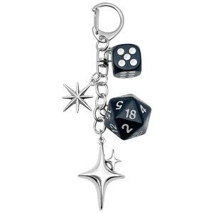 Gothic black multi-sided dice and star charms keychain for bags and phones
