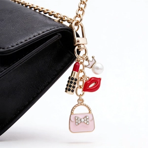 Détail de porte-clés avec breloques sac à main rose, couronne et rouge à lèvres