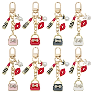 Fashion Alloy Enamel Keychain With Lipstick Lip Bag Crown Rhinestone Faux Artificial Pearl Bag Pendant For Women Purse Decoration