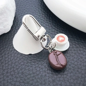 Creative coffee bean and heart latte cup keychain with silver U-shaped metal clasp