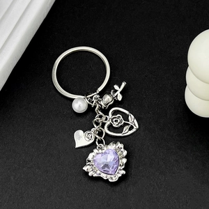 Porte-clés Vintage en Alliage Cœur Cristal Violet Rose Avec Künstliche Perle Pour Femmes Pendentif de Sac Bijoux Argent Antique Cadeau
