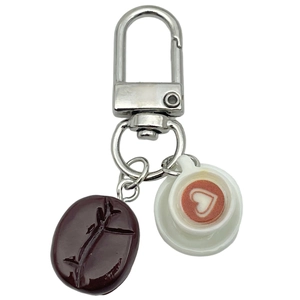 Creative coffee bean keychain with white heart latte art cup and silver U-shape clasp