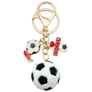 3D soccer ball keychain with football shoe and heart charms on golden metal ring