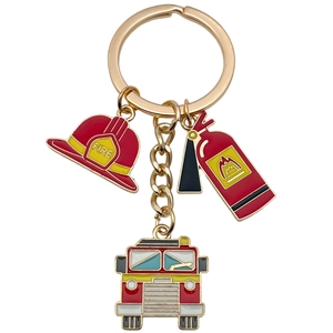 Firefighter keychain set with red fire truck, extinguisher, and helmet pendants
