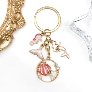 Dreamy Ocean Shell Keychain Pink Mermaid Seahorse Whale Tail Zinc Alloy Enamel Bag Charm With Artificial Pearl Rhinestone For Women Girls Gift