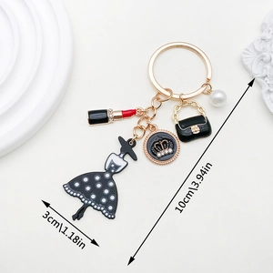 Elegant Zinc Alloy Keychain With Lady Figure Polka Dot Dress Lipstick Handbag Artificial Pearl Drip Oil Bag Charm For Women Gift