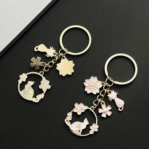 Dettaglio di portachiavi gatto sakura rosa con metallo dorato e accenti di perle