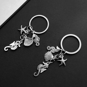 Detail of vintage silver ocean themed keychain with seahorse, starfish, and shell charms