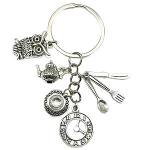 Antique silver Alice in Wonderland keychain with owl tea pot and clock charms