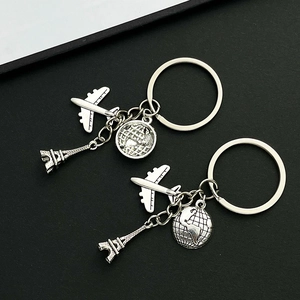 Detailed close-up of travel keychain featuring Eiffel Tower, airplane and globe charms