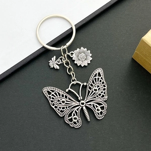 Vintage Antique Silver Hollow Butterfly Bee Sunflower Zinc Alloy Keychain Set Retro Bag Pendant Charm For Men Women