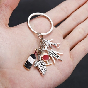 Creative red wine keychain with Lafite bottle, wine glass, and silver grape pendants