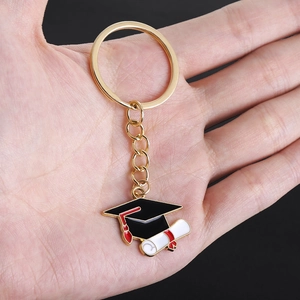 Graduation cap and scroll diploma keychain in gold metal with black drip oil and red tassel