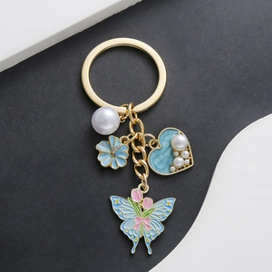 Girly Zinc Alloy Enamel Butterfly Heart Flower Keychain With Imitation Artificial Pearl Tulip Pattern Aesthetic Accessory For Women