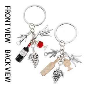 Lafite red wine bottle keychain with grape cluster and wine glass enamel charms