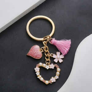 Romantic Pink Heart Tassel Keychain Zinc Alloy Cherry Blossom Faux Artificial Pearl Openwork Charm Women Bag Jewelry Accessory