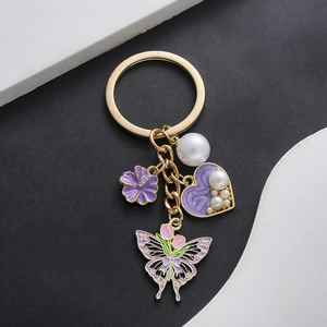 Enamel Butterfly Heart Tulip Keychain For Women Girls Fashion Zinc Alloy Imitation Artificial Pearl Flower Bag Charm Hanging Ornament