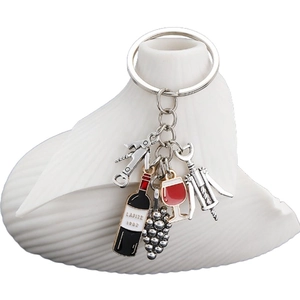 Lafite red wine bottle and grape pendant keychain in silver alloy with enamel drip finish