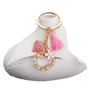 Pink heart keychain with glitter heart pendant tassel and faux pearl flower charms
