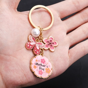 Porte-clés papillon rose et fleur avec perle pour cadeau de la fête des mères