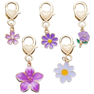 Purple Enamel Flower Keychains With Gold Heart Lobster Clasp Zinc Alloy Rhinestone Artificial Pearl Floral Key Ring For Women Bag Charm Jewelry