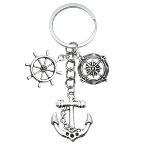 Antique silver nautical keychain with helm, compass, and anchor charms for cars