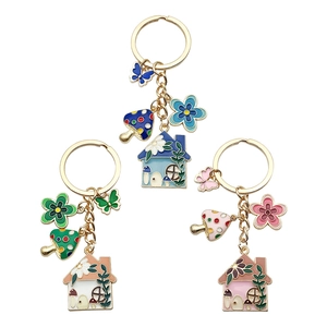 Cute mushroom house butterfly enamel keychain set for bags in pink blue green