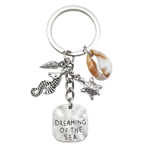 Porte-clés argent antique avec tortue, hippocampe, coquillage et plaque de texte mer