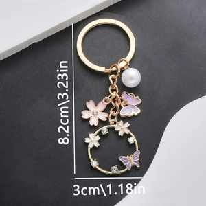 Porte-clés papillon fleur rose et violet avec perles et cristaux sur placage doré chic