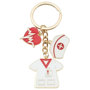 Golden keychain with enamel medical charms including nurse hat, heart and scrubs