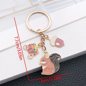 Cartoon Thanksgiving Squirrel Acorn Harvest Cart Keychain Zinc Alloy Enamel Gold Metal Key Ring For Women Car Bag Accessories