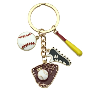 Baseball themed keychain with sneakers, bat, and glove charms in colorful enamel finish