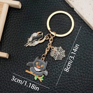 Porte-clés Halloween Dessin Animé Hibou Chauve-souris Avec Pendentif Toile d'Araignée Lune En Alliage De Zinc Émaillé
