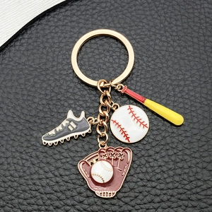 Golden baseball theme keychain with colorful bat, ball, shoe and glove charms