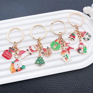 Detail of Christmas keychain set featuring Santa Claus and reindeer on golden alloy base