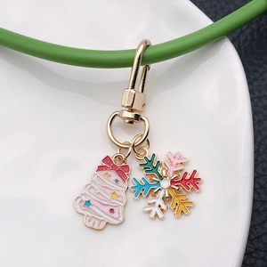 Cute pink Christmas tree and colorful snowflake enamel keychain with gold metal lobster clasp