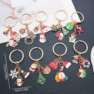 Cute Christmas Enamel Keychain Alloy Santa Claus Snowman Reindeer Christmas Tree Pendant Keyring Festive Holiday Gift Decor