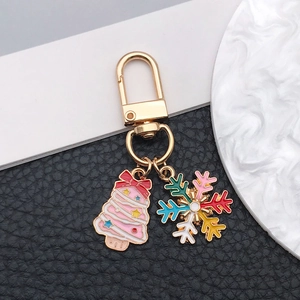 Detail showing the pink enamel Christmas tree and colorful snowflake pendant charms
