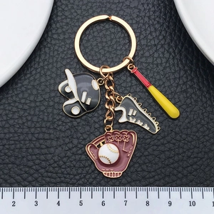 Cartoon baseball metal keychain with mini helmet, bat, shoe and glove enamel pendants