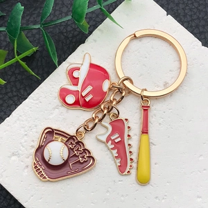Creative baseball theme keychain with red helmet, sneaker, and glove enamel pendants