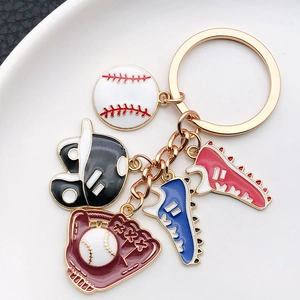 Detail of metal baseball keychain with miniature gloves, helmets and colorful cleats