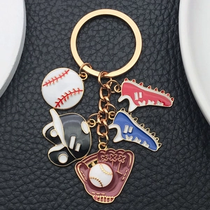 Flat lay of a baseball keychain featuring enamel helmet, glove, shoes and ball charms