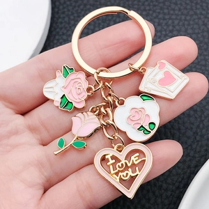 Romantischer Emaille Rose Herz Spielkarten Schlüsselanhänger Für Damen Paare Valentinstag Geschenk Gold Legierung Schlüsselring