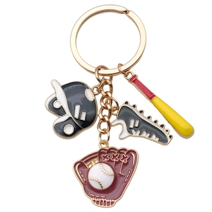 Baseball sports keychain with mini metal glove bat helmet and sneaker charms on white background