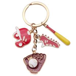 Creative red baseball keychain featuring enamel glove, helmet, shoe and bat charms